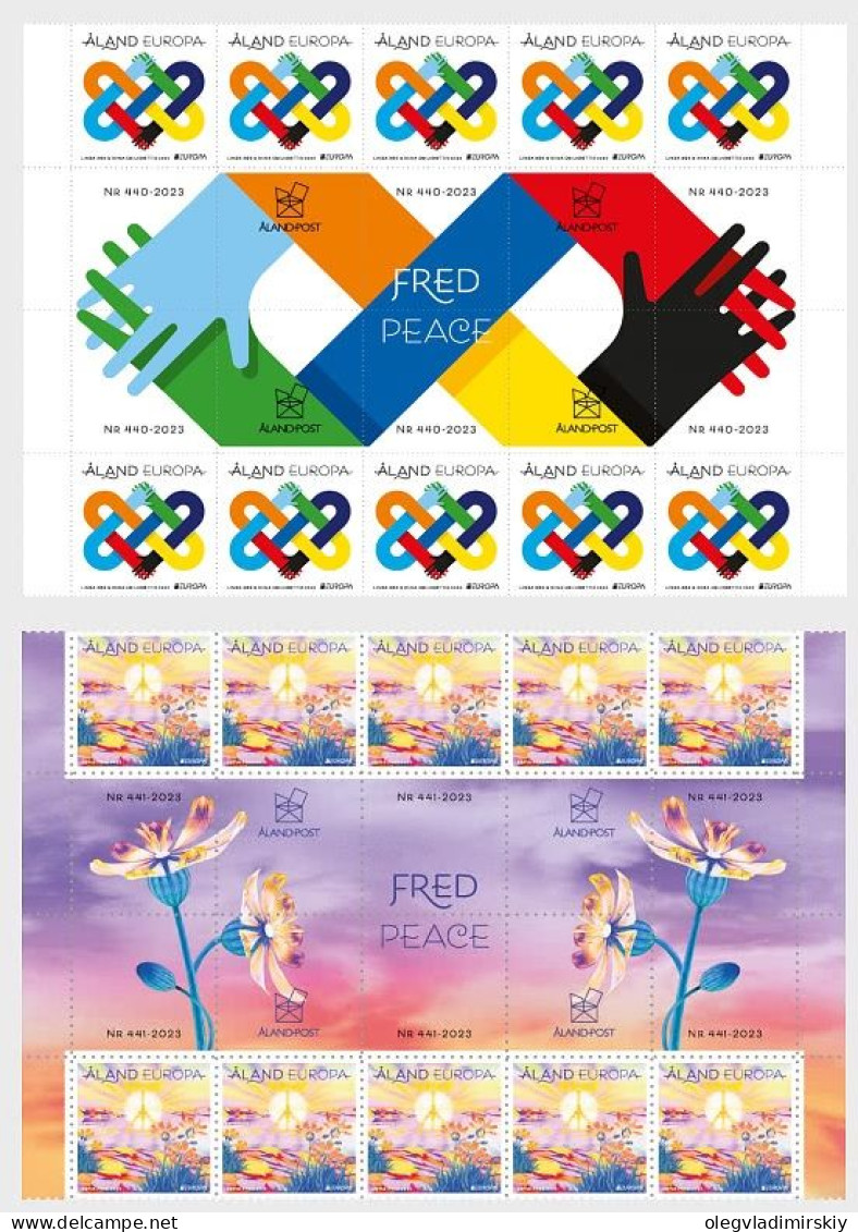 Aland Islands Åland Finland 2023 Europa CEPT Peace Set Of 2 Strips Of 10 Stamps And 10 Labels Each Mint - Blocks & Sheetlets