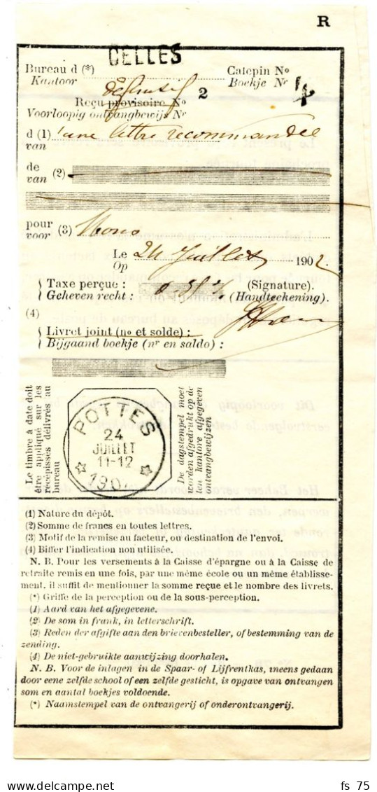 BELGIQUE - SIMPLE CERCLE RELAIS A ETOILES POTTES SUR RECU DE LETTRE RECOMMANDEE, 1902 - Sternenstempel