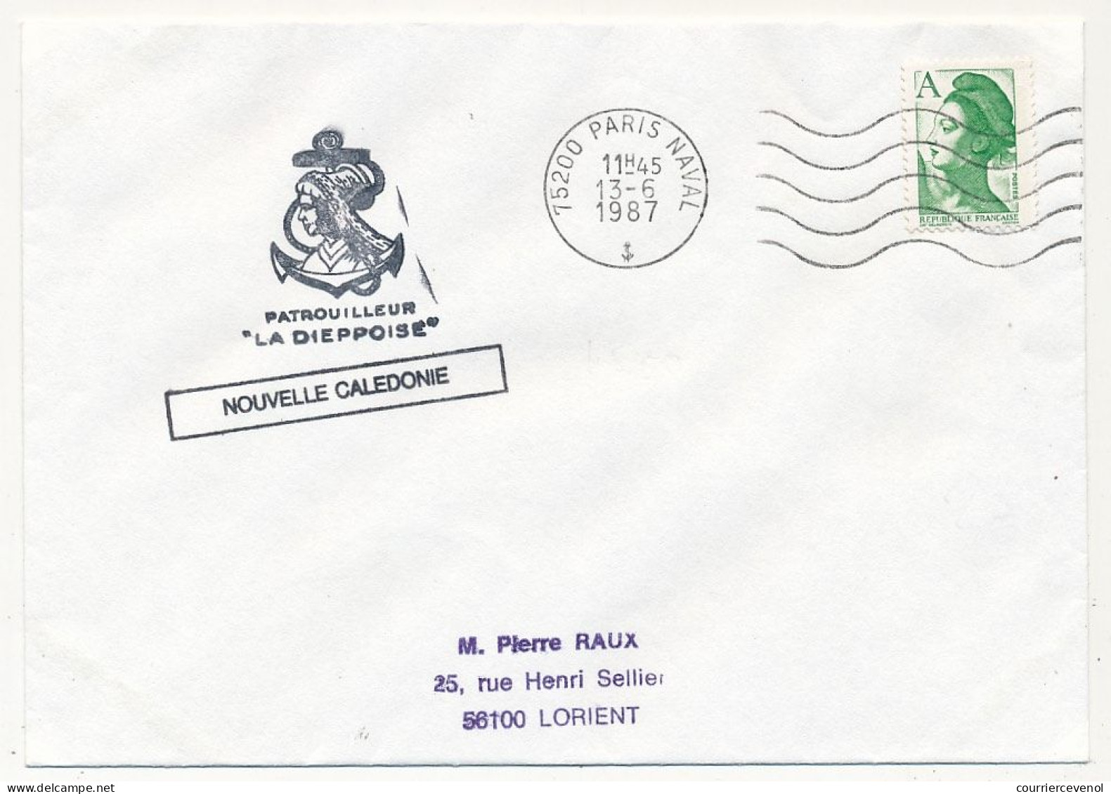 FRANCE - Env. Aff. Liberté A OMEC 75200 Paris Naval - 13/6/1987 + Patrouilleur La Dieppoise + Griffe Nouvelle Calédonie - Poste Navale