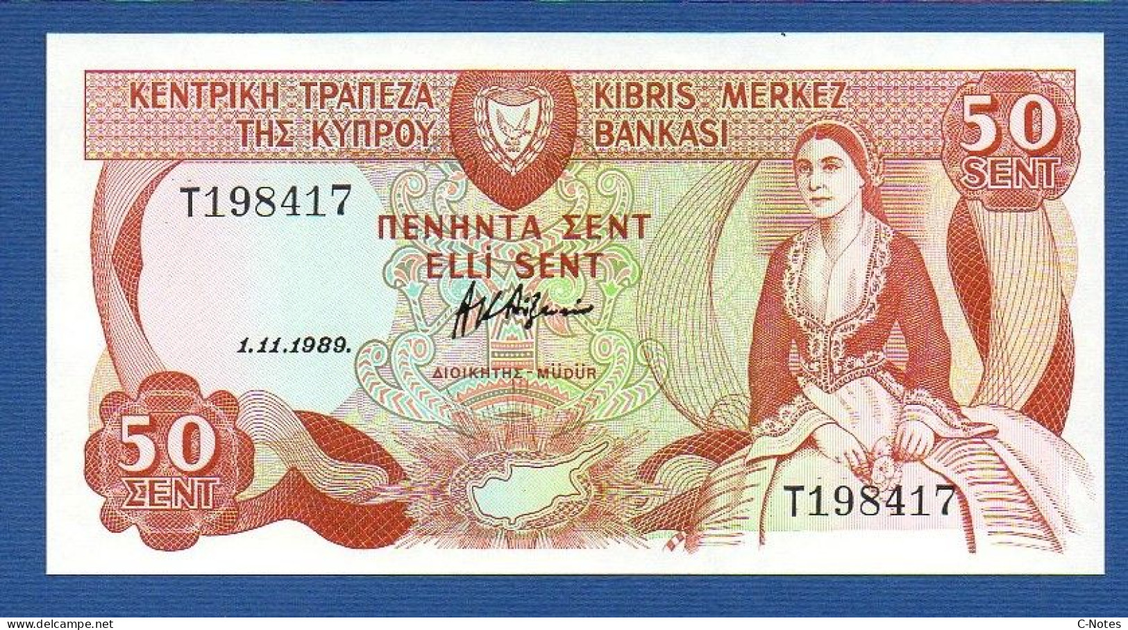 CYPRUS - P.52 – 50 Cents / Sent 1.11.1989 UNC, S/n T198417 - Zypern