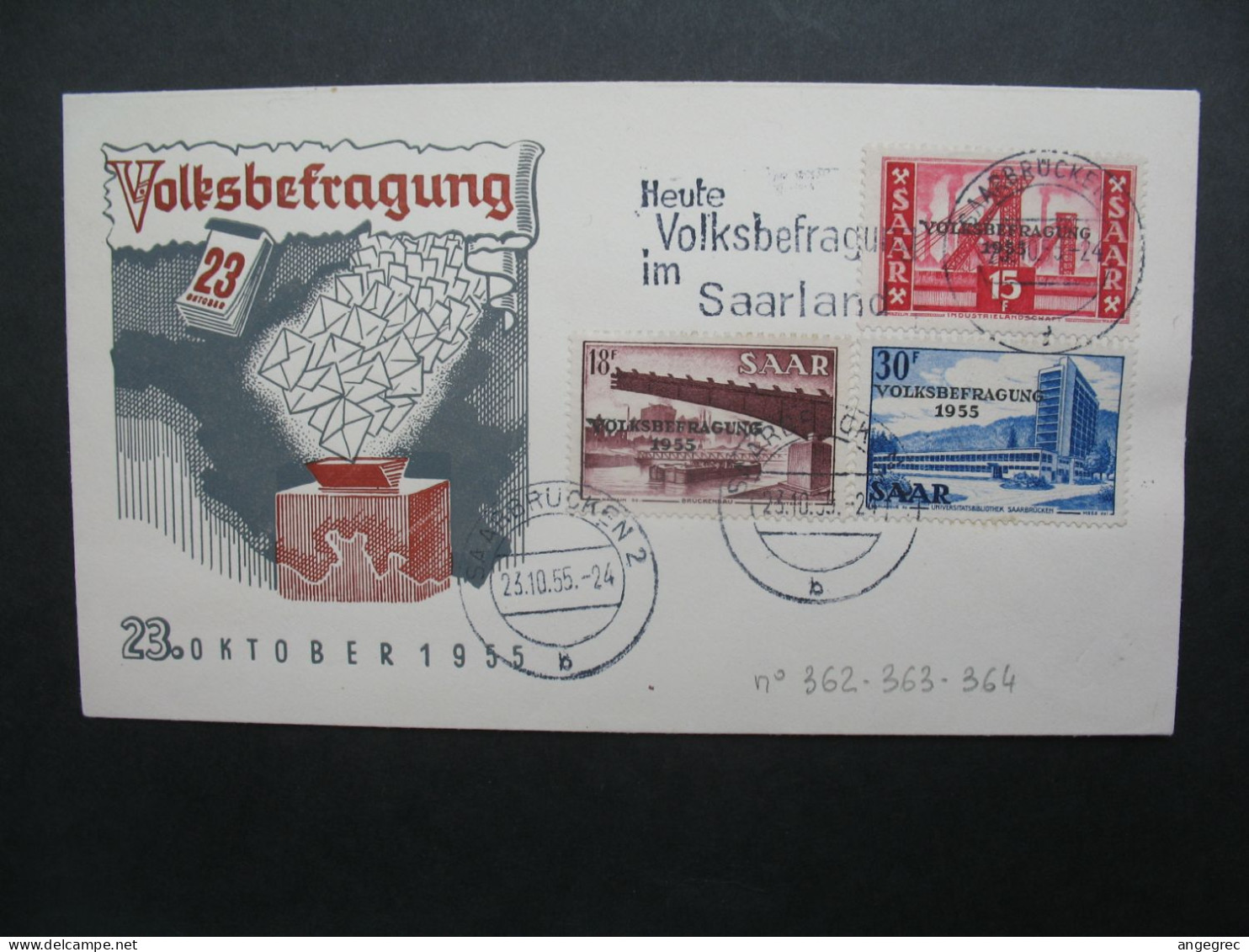 Sarre FDC 23 Octobre 1955 (23/10/1955) N° 337/338/346 - FDC