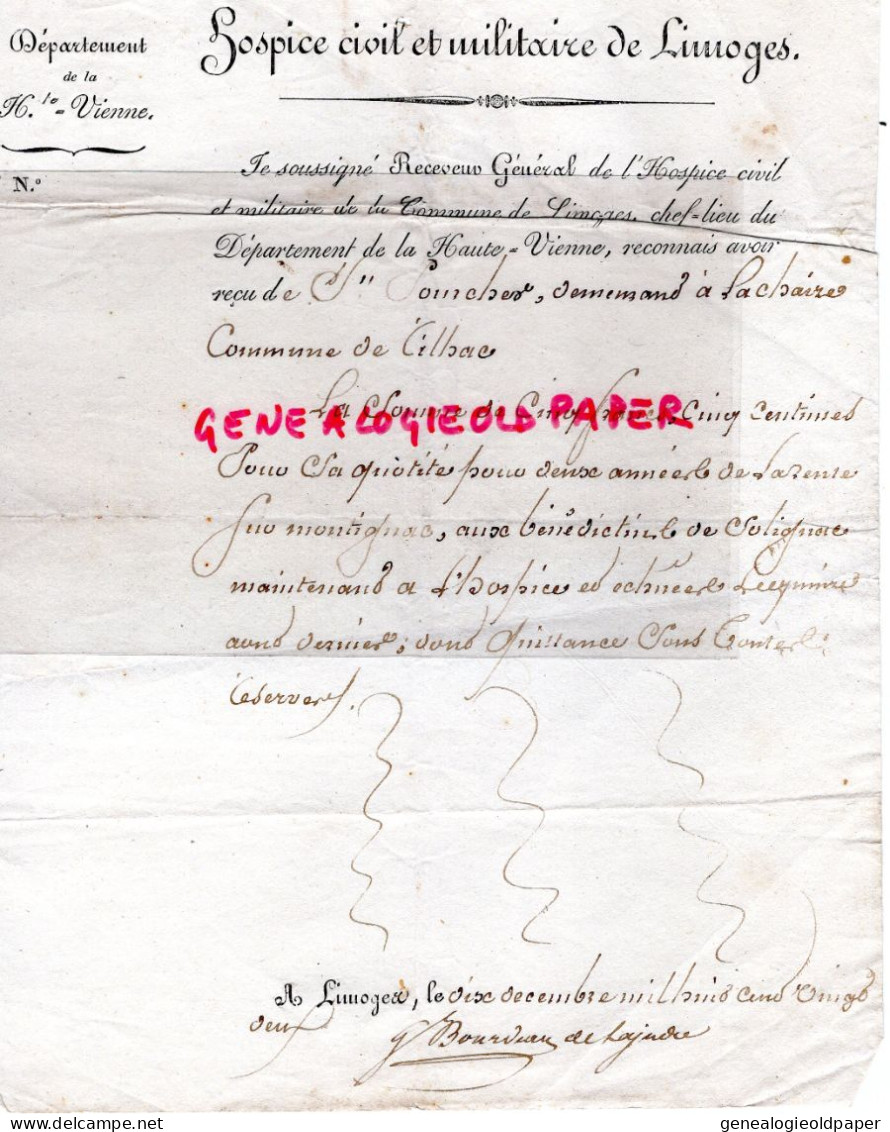 87- LIMOGES- RILHAC LA CHAIZE -HOSPICE CIVIL ET MILITAIRE 1829- RENTE AUX BENEDICTINES DE SOLIGNAC - Documentos Históricos