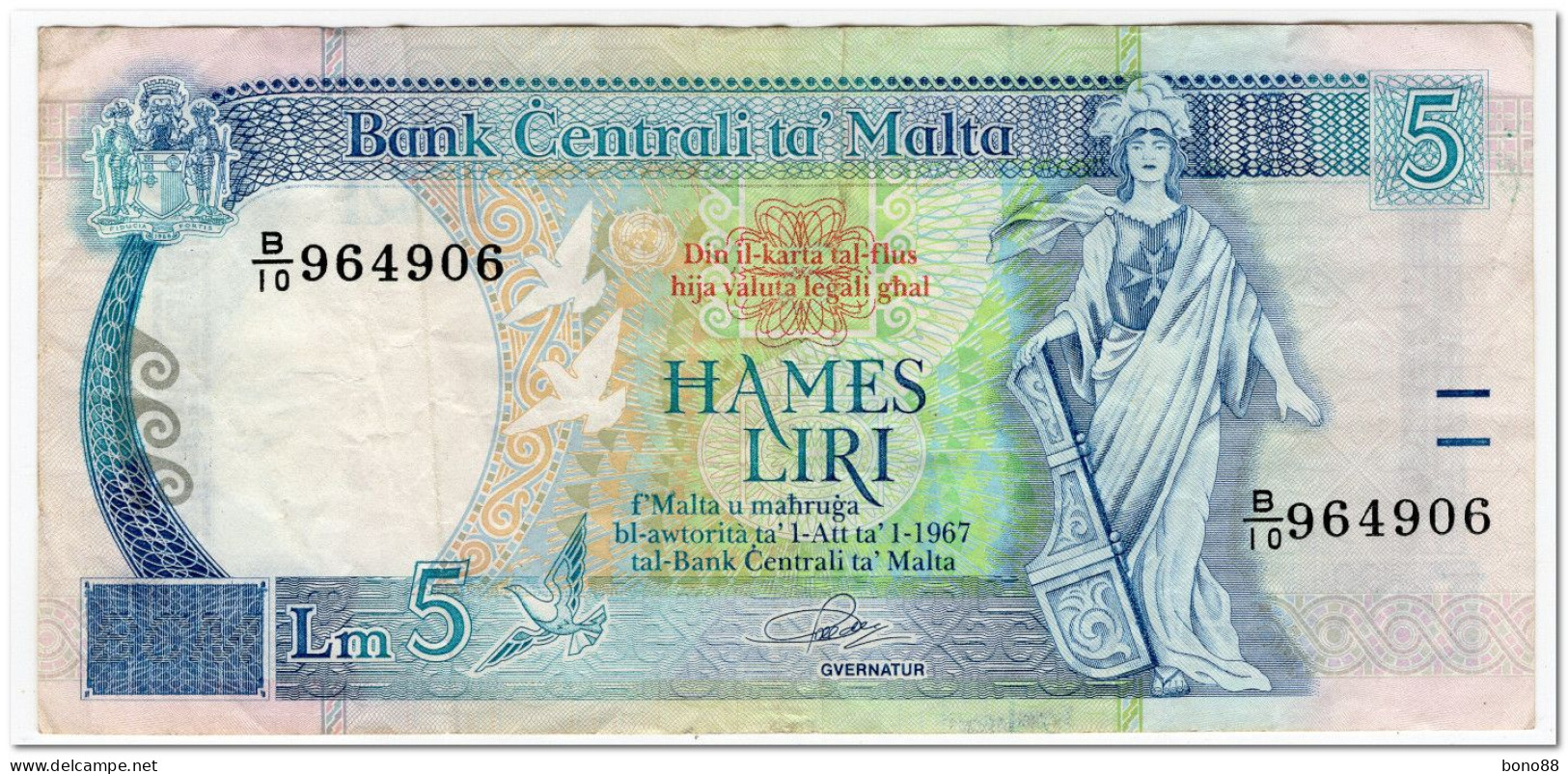 MALTA,5 LIRI,1994,P.46a,F -VF - Malta