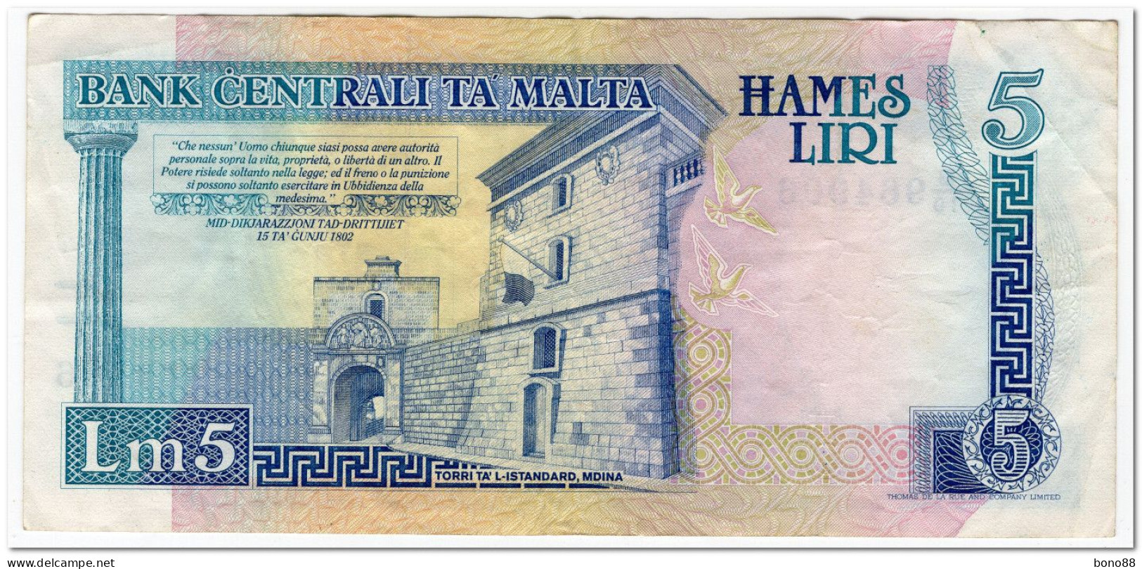 MALTA,5 LIRI,1994,P.46a,F -VF - Malta