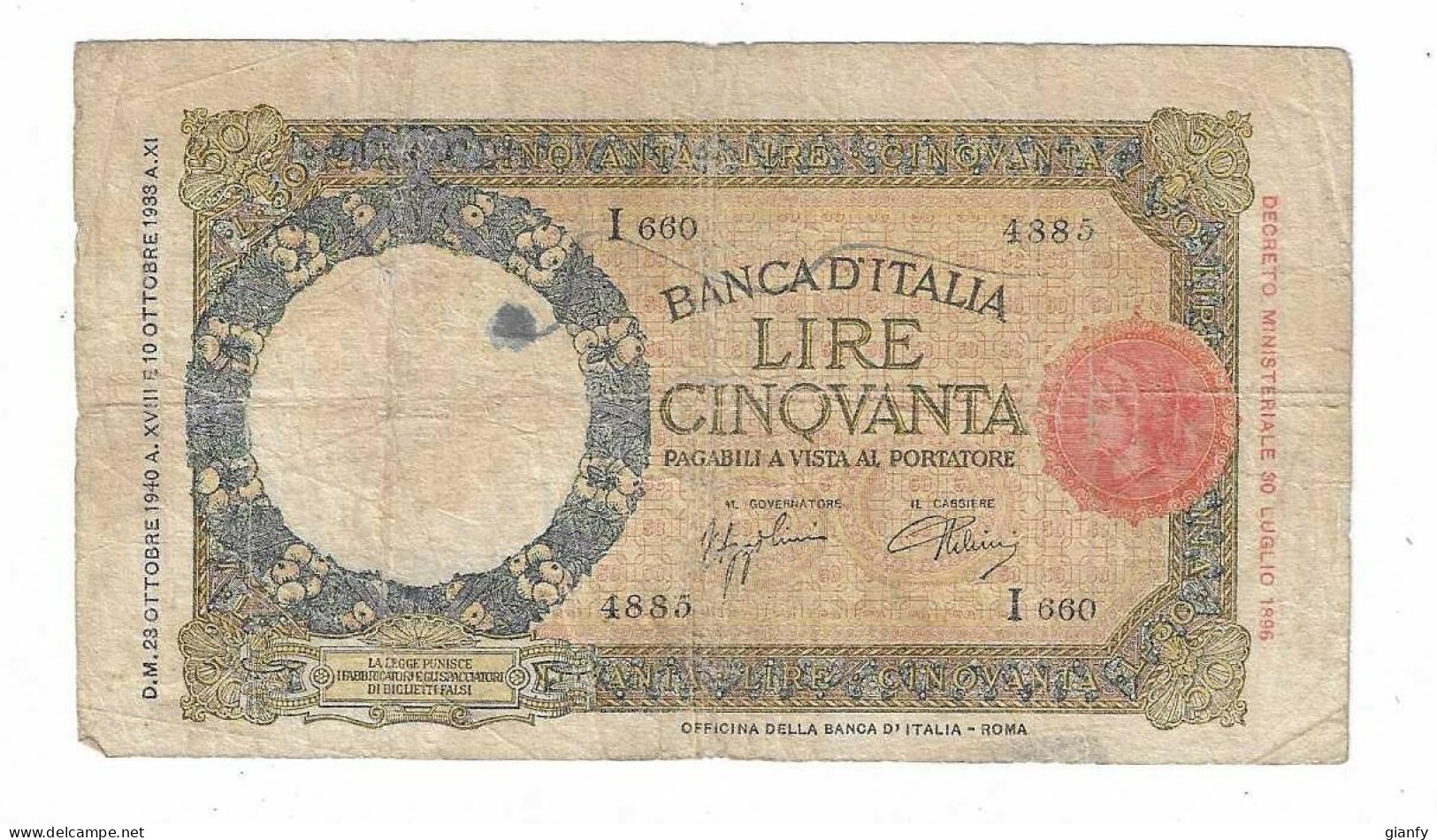 REGNO VITTORIO EMANUELE III 50 LIRE "LUPA CAPITOLINA" CON FASCIO 23.10.1940 B - 50 Liras