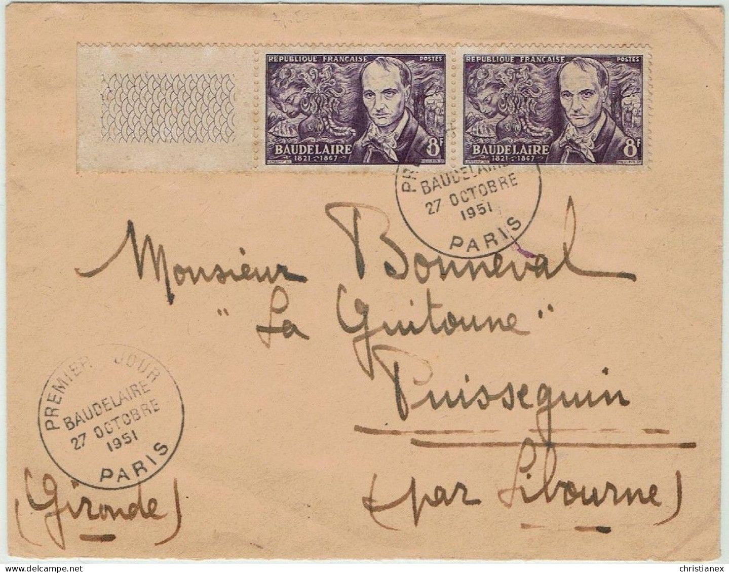 Enveloppe 1er Jour FDC BAUDELAIRE 1951 - Paire Avec Bord De Feuille - 1950-1959