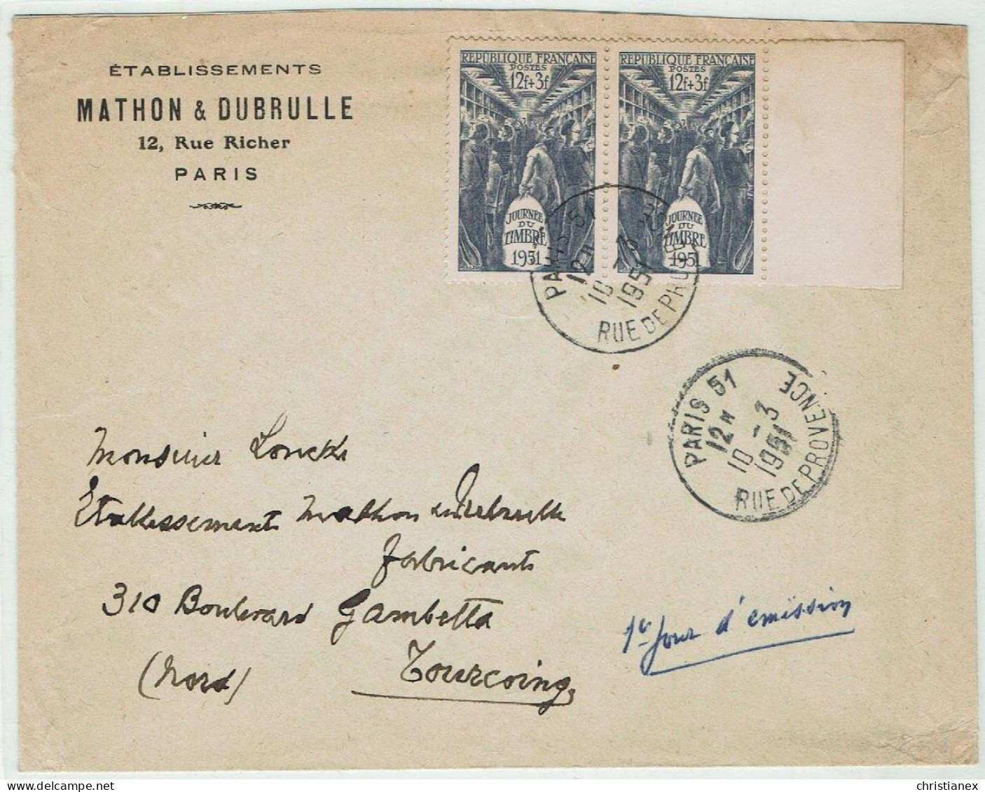 Enveloppe 1er Jour FDC JOURNEE DU TIMBRE PARIS Rue De Provence 1951 - Paire Avec Bord De Feuille - 1950-1959