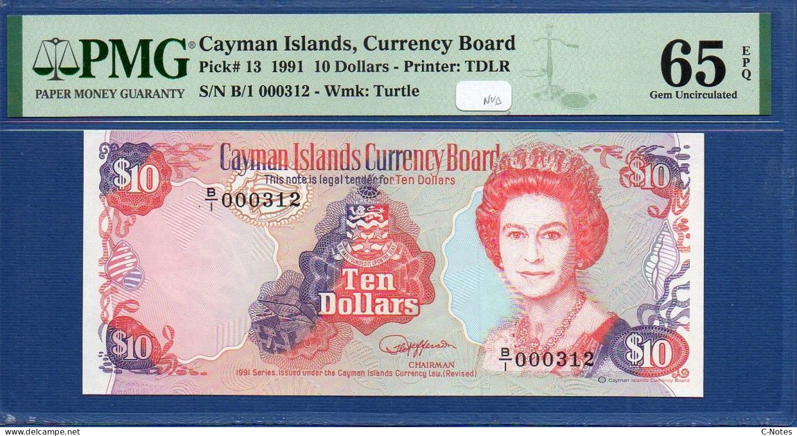 CAYMAN ISLANDS - P.13 –  10 Dollars 1991 UNC / PMG 65, S/n B/1 000312 LOW SERIAL NUMBER - Kaaimaneilanden