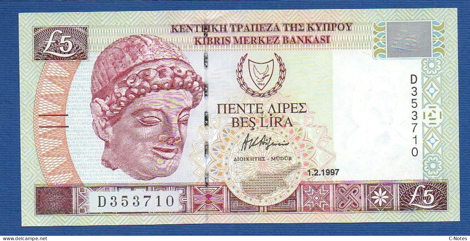 CYPRUS - P.58 – 5 Pounds / Lirai / Lira 1.2.1997 UNC, S/n D353710 - Cyprus