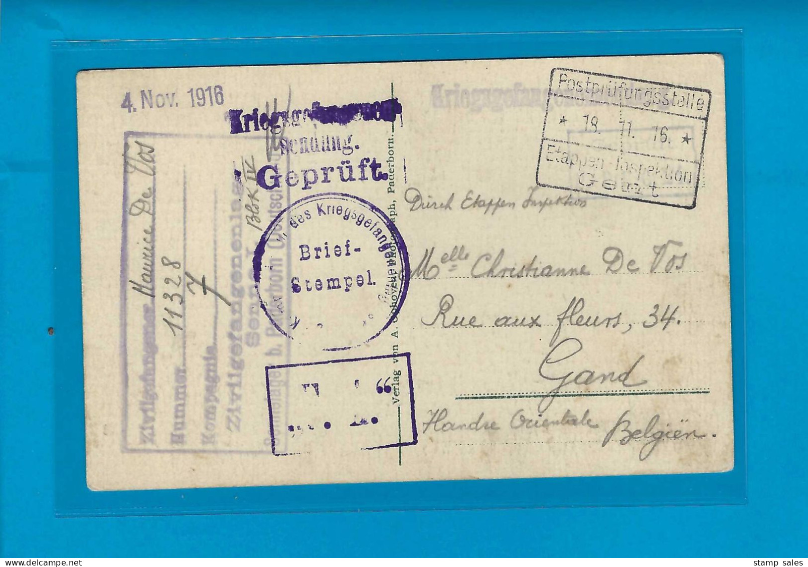 België Krijgsgevangenen Postkaart Paderborn (Duitsland) Naar Gand 04/11/1916 UNG - Kriegsgefangenschaft
