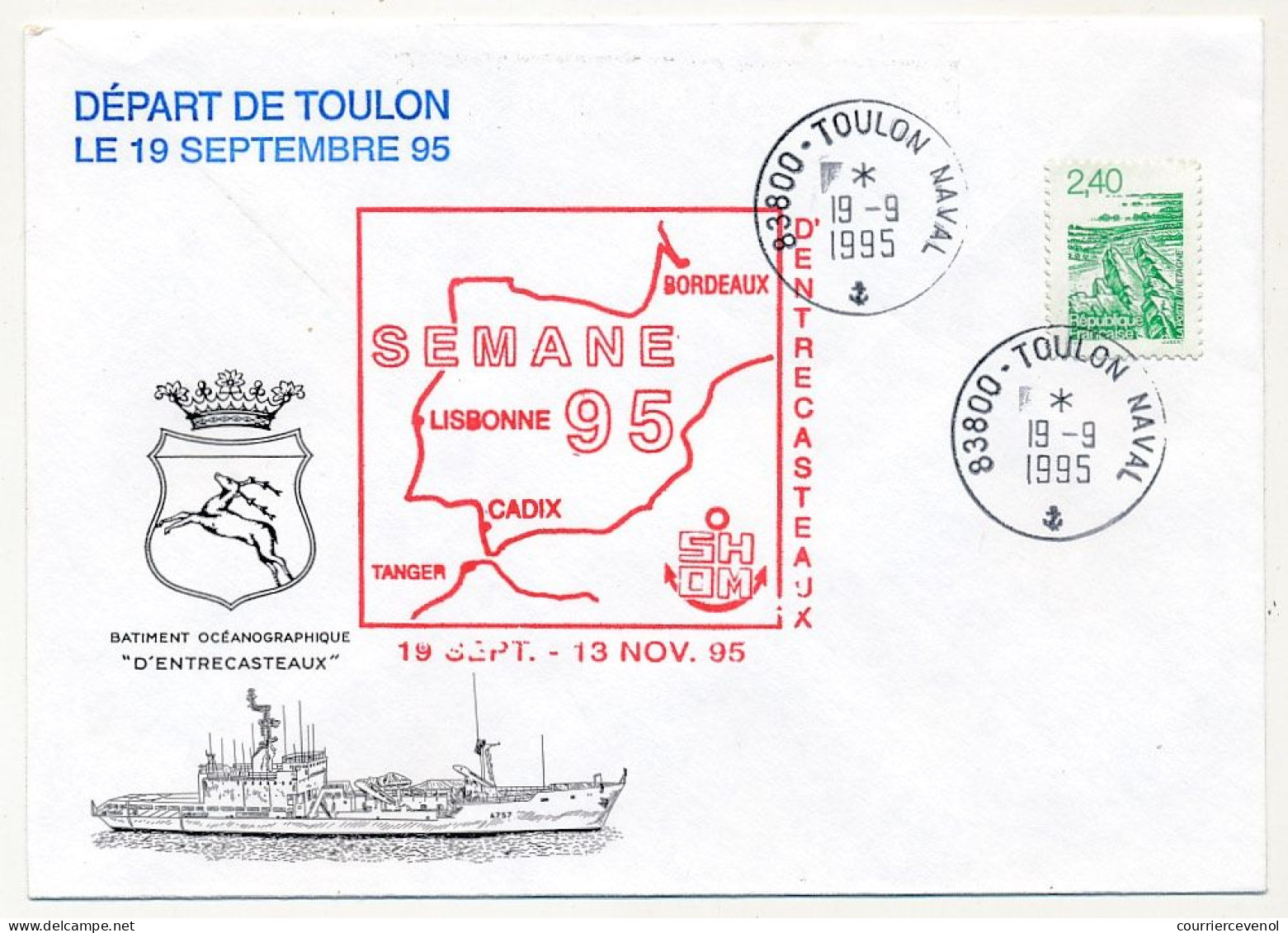 FRANCE - Env. Illustrée Aff. 2,40 Bretagne Cad 83800 Toulon Naval 19/9/1995 +SEMANE 95 D'Entrecasteaux - Poste Navale