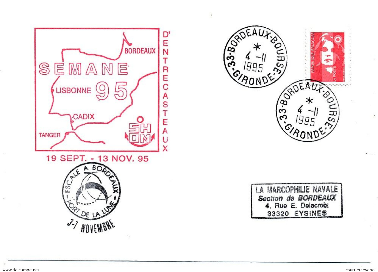 FRANCE - Env. Aff. Briat Cad 33 Bordeaux Bourse - 4/11/1995 + SEMANE 95 D'Entrecasteaux - Escale à Bordeaux - Naval Post