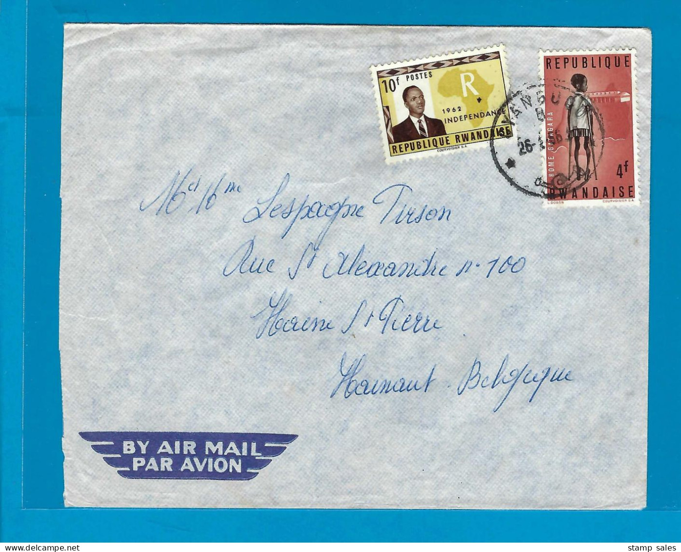Rwanda N°7+N°72 Cover Cyangugo Naar Hainaut (België) 26/01/1966 UNG - Briefe U. Dokumente
