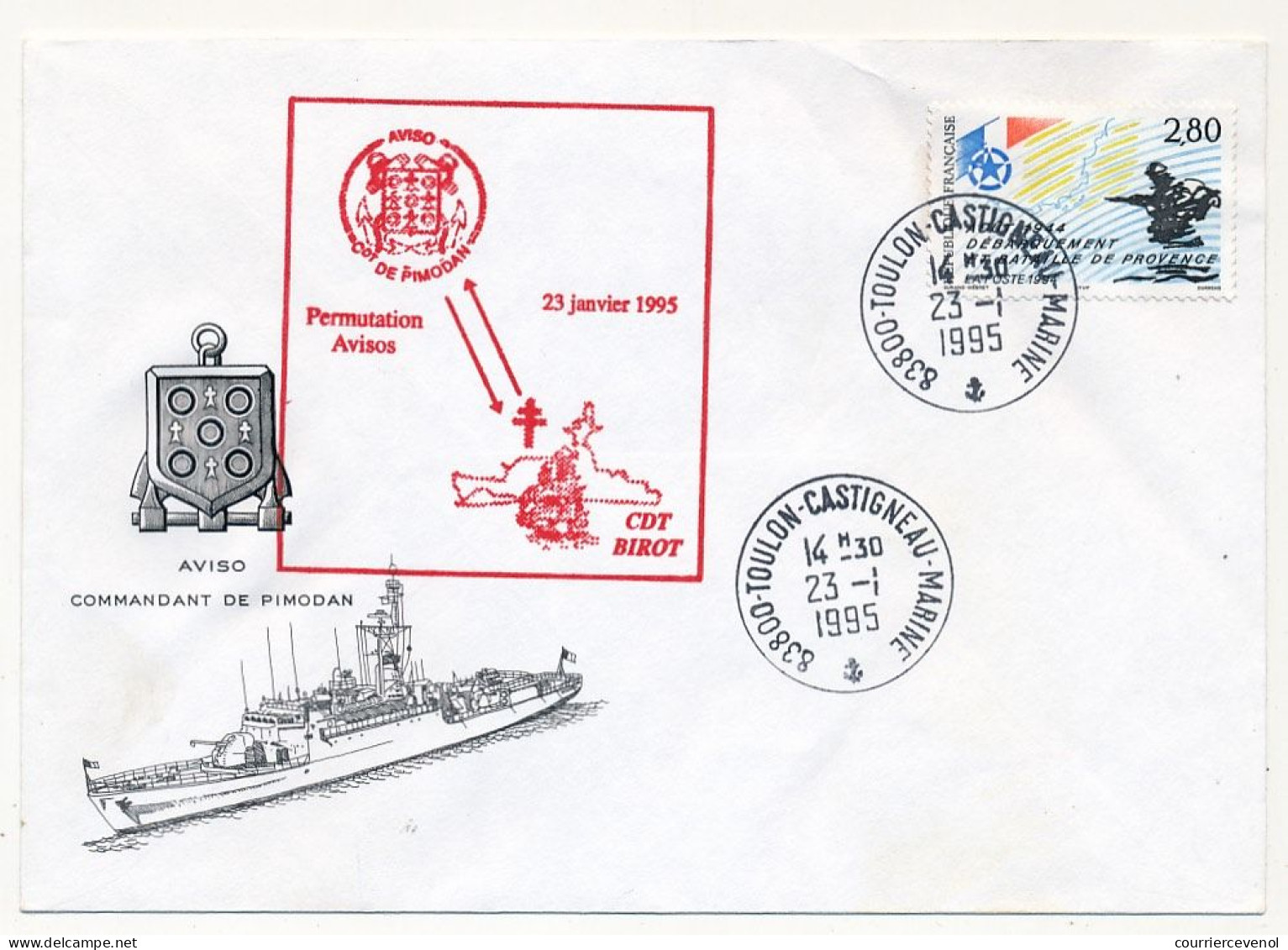 FRANCE - Env. Illustrée Aff. 2,80 Débarquement Cad 83800 Toulon-Castigneau-Marine 23/1/1995 + Permutation Avisos - Naval Post
