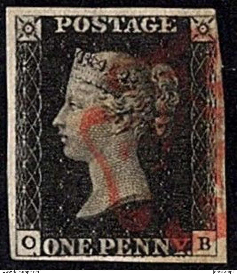 GBR SC #1 U (O,B) 1840 Q Victoria 3+ Margins W/red Cancel CV $375.00 - Oblitérés