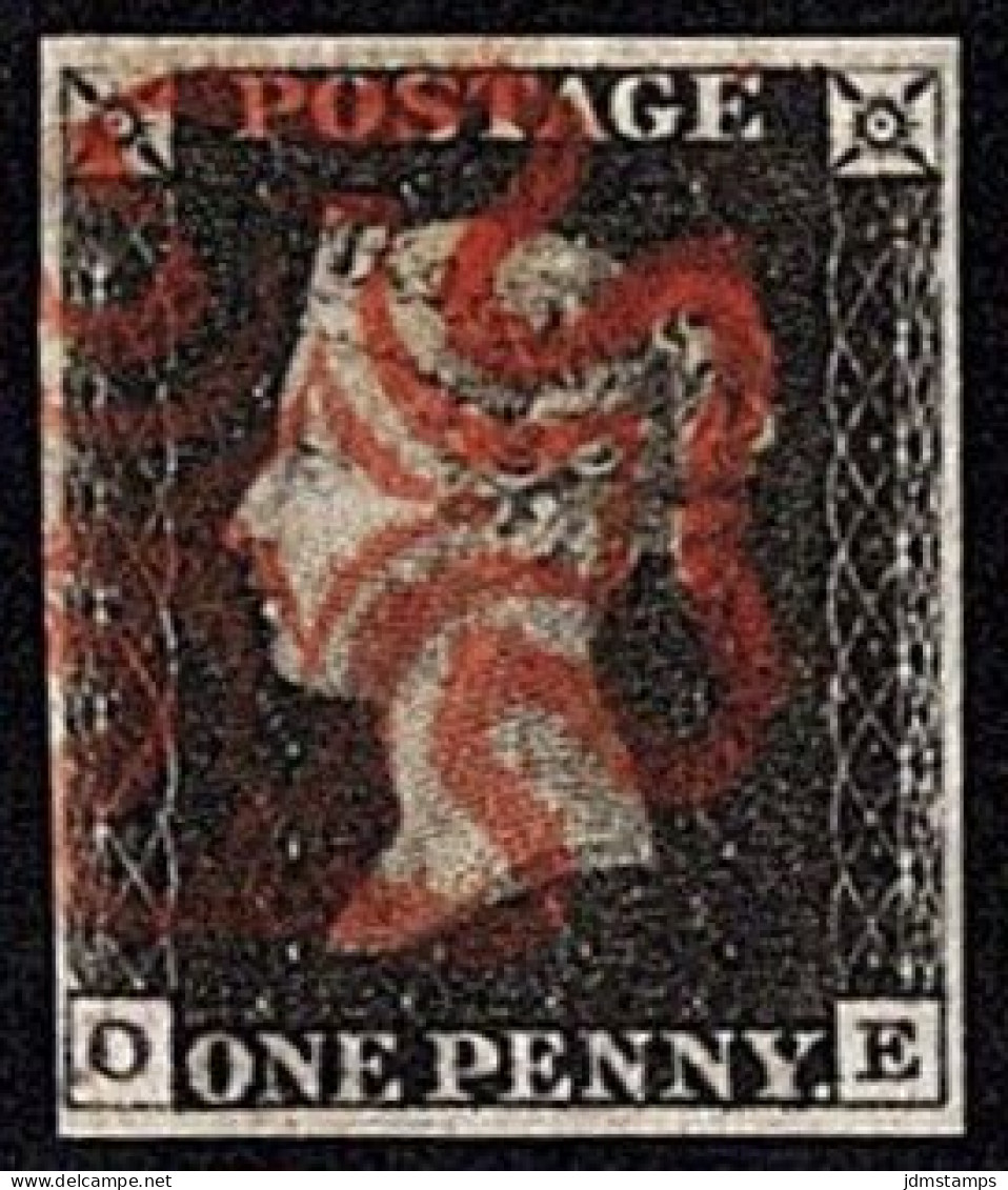 GBR SC #1 U (O,E) 1840 Q Victoria 4 Margins W/red MC Cancel CV $370.00 - Used Stamps