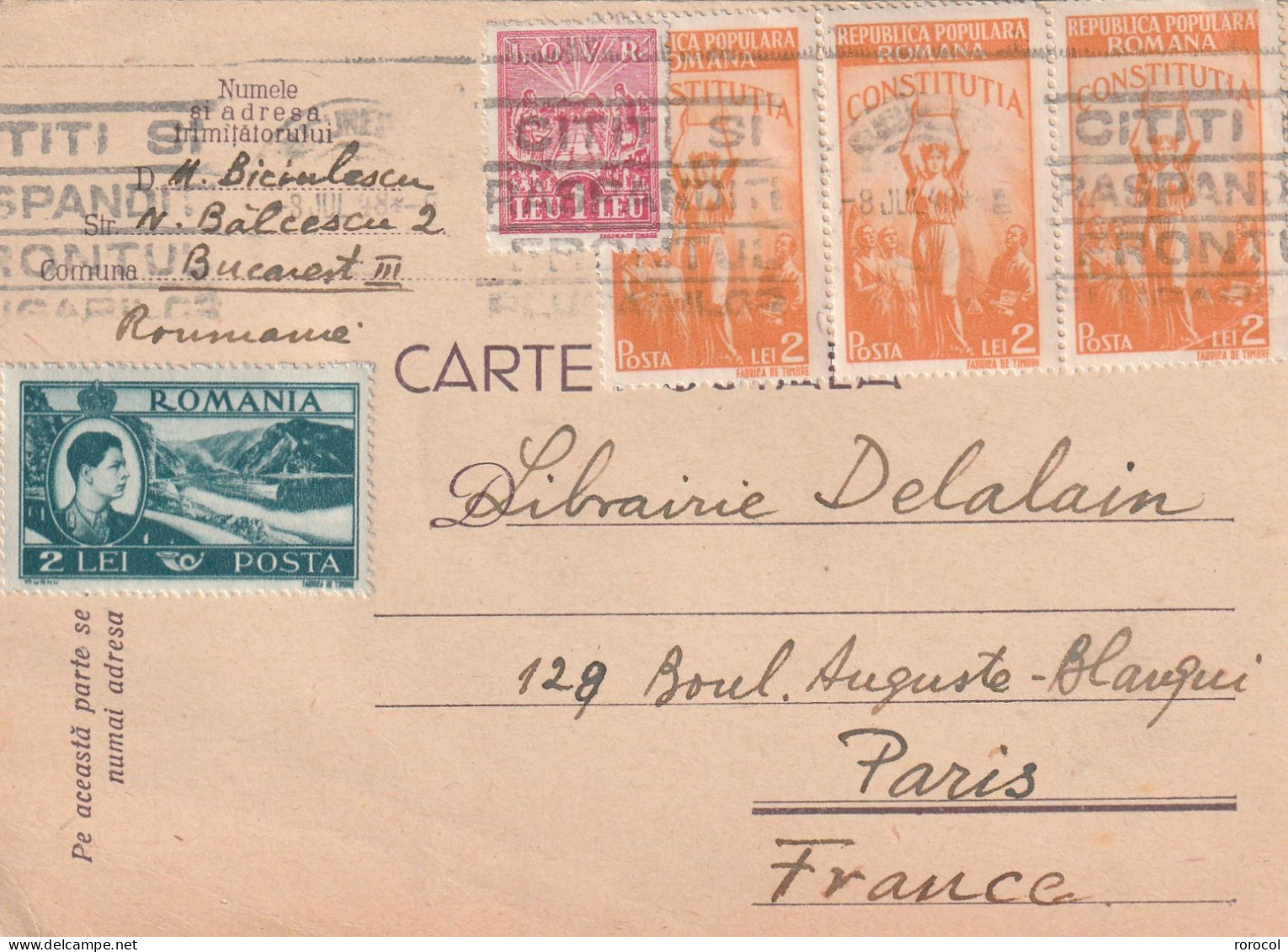 ROUMANIE CP 1948 BUCAREST Pour Paris - Briefe U. Dokumente