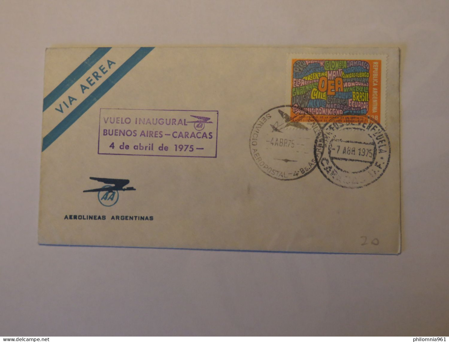 ARGENTINA  VUELO INAUGURAL FIRST FLIGHT COVER BUENOS AIRES -  CARACAS 1975 - Usados
