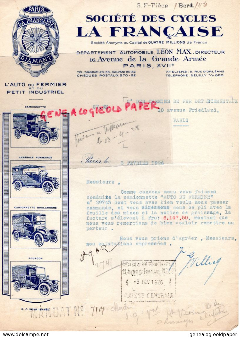 75- PARIS- FACTURE SOCIETE CYCLES LA FRANCAISE- DIAMANT-FOURGON-CARRIOLE-CHEMINS FER -LEON MAX DIRECTEUR AV GRANDE ARMEE - Auto's