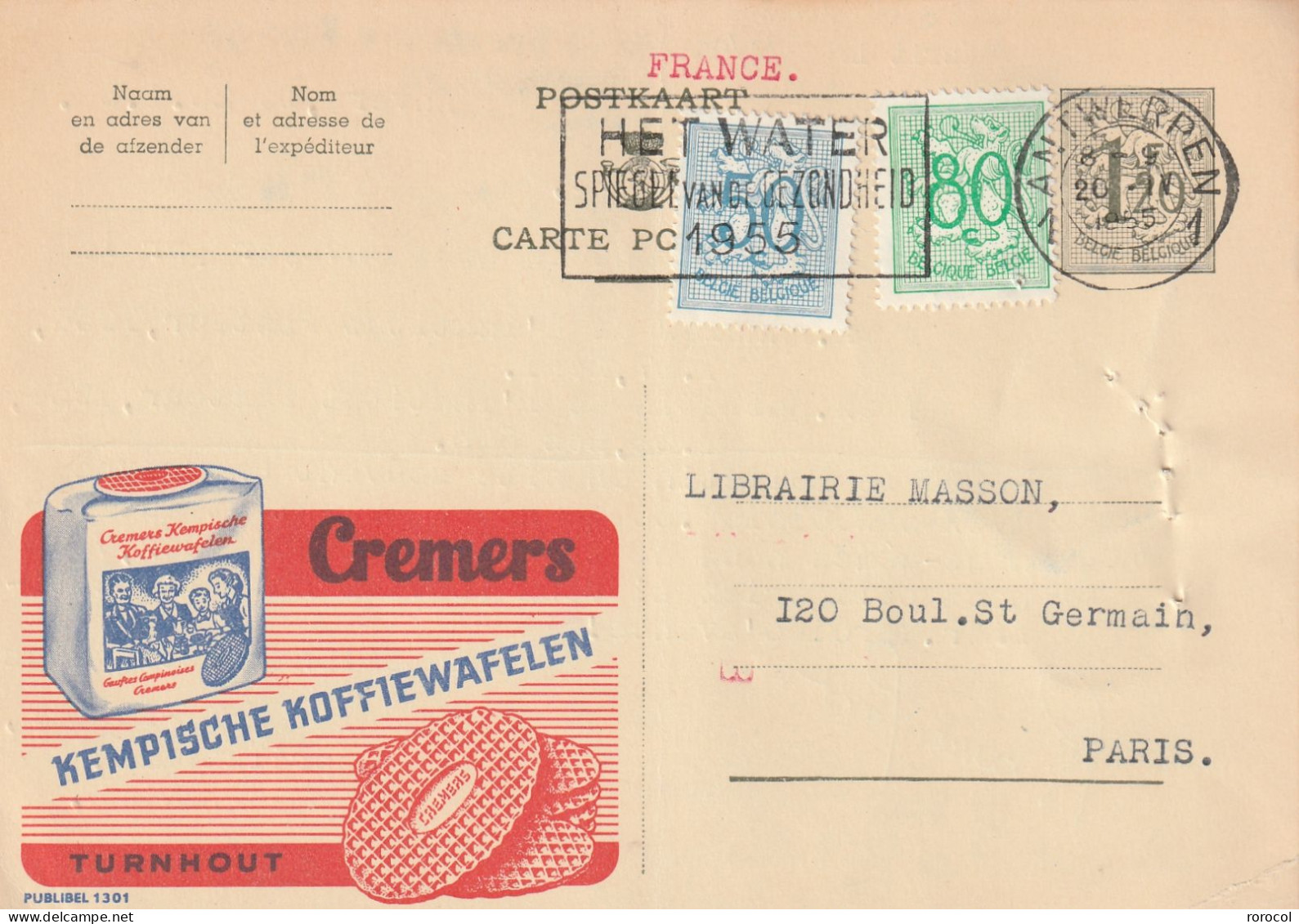 BELGIQUE Entier Postal 1955 ANTWERPEN Publicité CREMERS KEMPSCHE KOFFIEWAFELEN TURNHOUT - Cartes Postales 1951-..