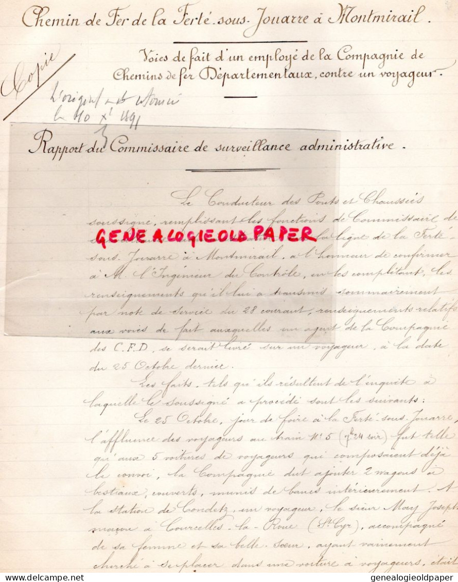 77-LA FERTE SOUS JOUARRE-MEAUX-51-MONTMIRAIL-CHEMINS DE FER RAPPORT COMMISSAIRE SURVEILLANCE-GRIMOUILLE 1891-BOULLEROT - Transport