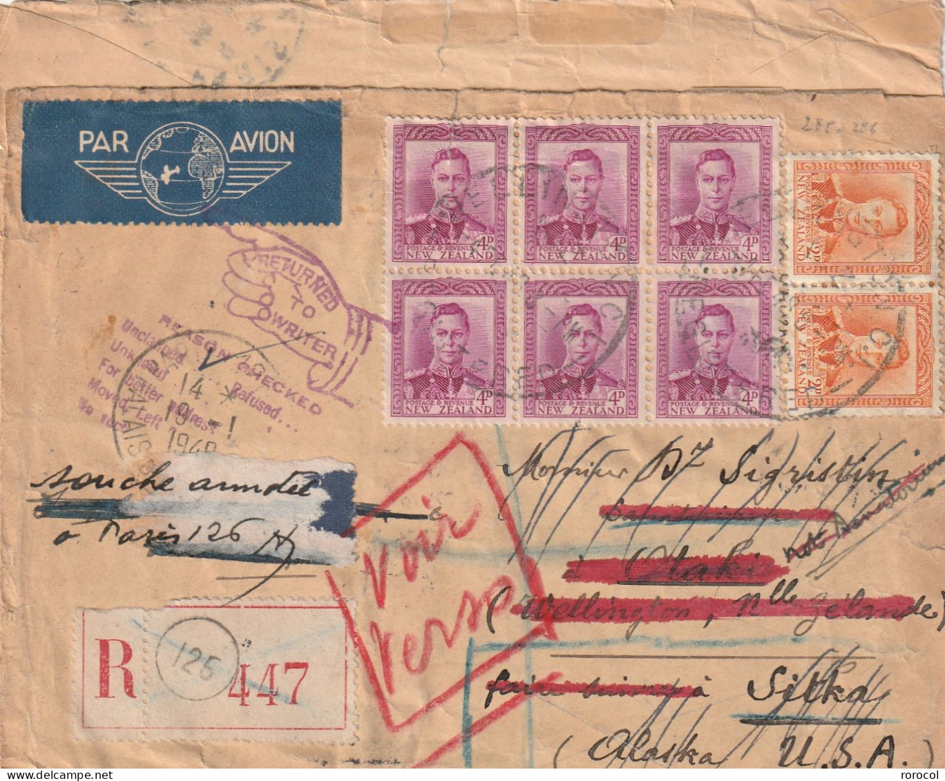 NOUVELLE - ZELANDE Lettre Recommandée 1948 WELLINGTON Pour L'ALASKA Retourned To Writer Passage Par PARIS - Storia Postale