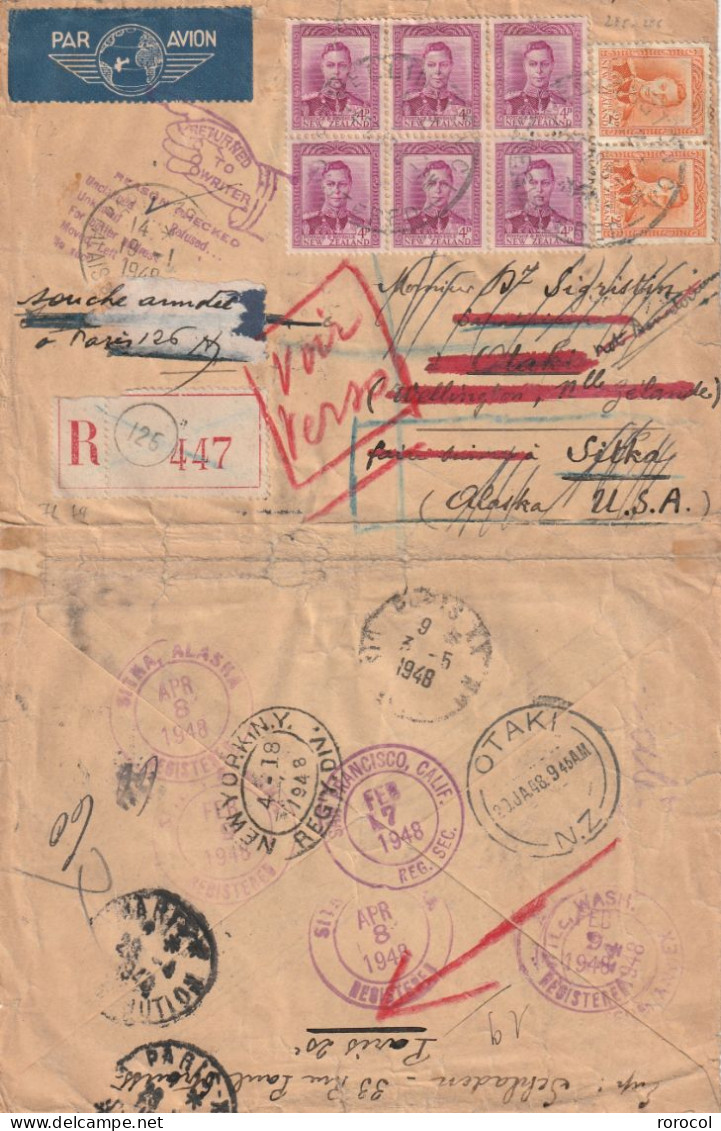 NOUVELLE - ZELANDE Lettre Recommandée 1948 WELLINGTON Pour L'ALASKA Retourned To Writer Passage Par PARIS - Covers & Documents