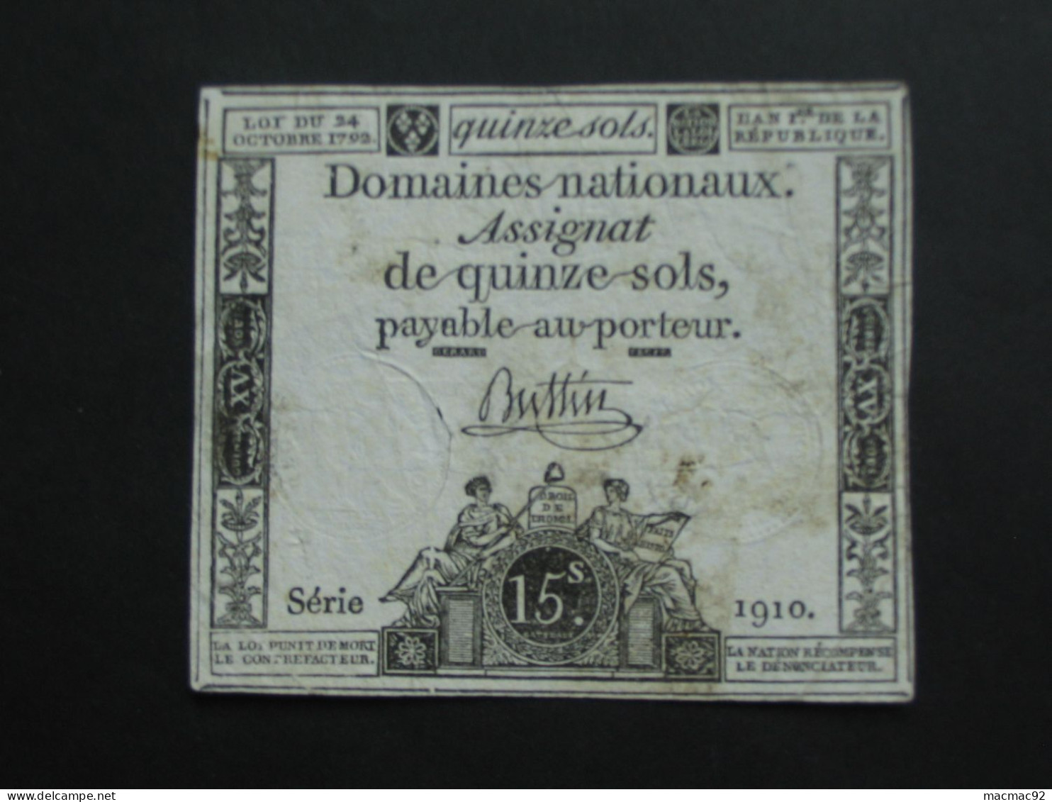 Domaines Nationaux - Assignat Quinze Sols - Loi Du 24 Octobre  1792  **** EN ACHAT IMMEDIAT **** - Assegnati