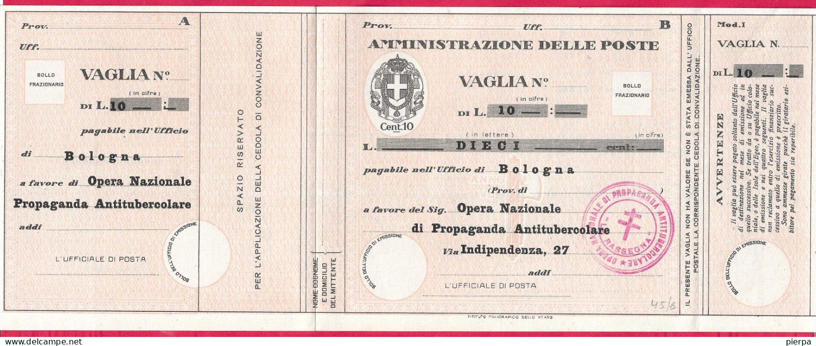 MODULO VAGLIA POSTALE C.10 (CAT. INT. 45/B) PRECOMPILATO O.N.P.A. LIRE 10 - NON VIAGGIATO - Vaglia Postale