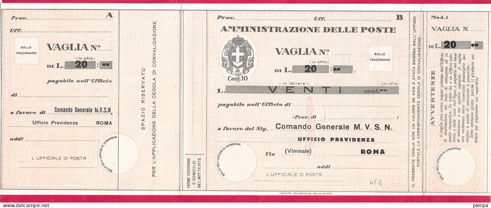MODULO VAGLIA POSTALE C.10 (CAT. INT. 45/B) PRECOMPILATO M.V.S.N. LIRE 20 - NON VIAGGIATO - Mandatsgebühr