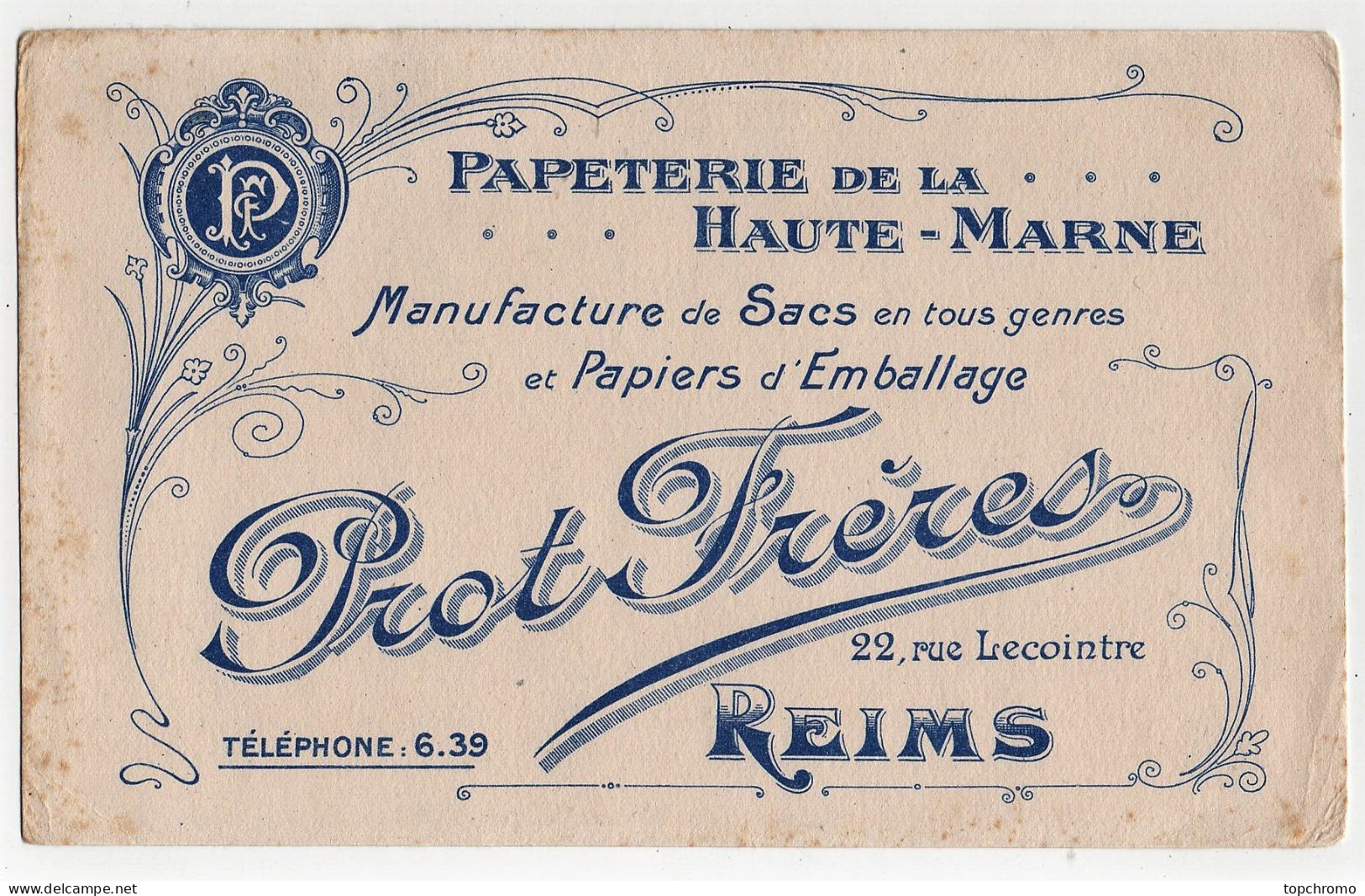 Buvard Papeterie De La Haute-Marne Prot Frères Manufacture De Sacs Et Papiers D'emballage Rue Lecointre Reims - Papeterie