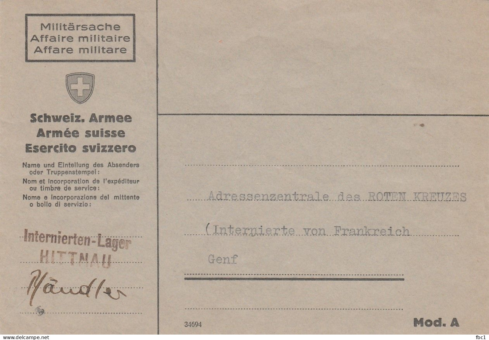 WW2 Suisse - Armée Suisse - Internierten Lager Hittnau - Poststempel