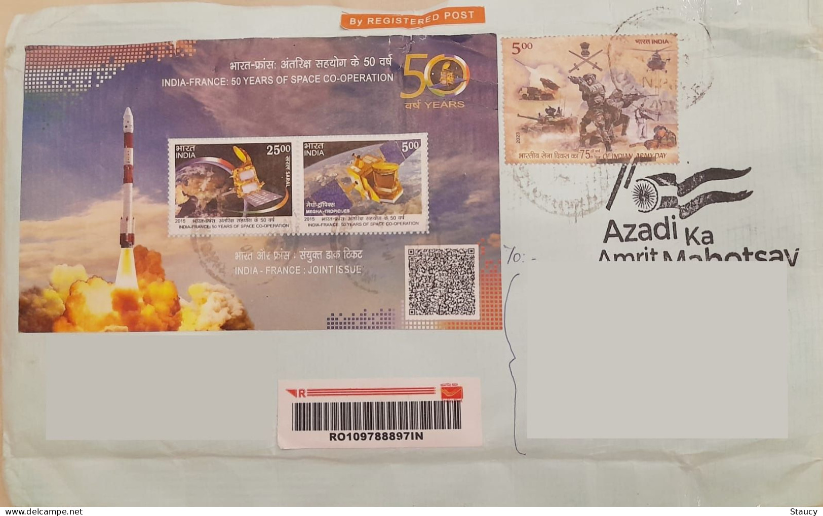 INDIA 2023 India-France Joint Issue MS + Army Day Stamps  Franked On Registered Speed Post Parcel Cover As Per Scan - Asie