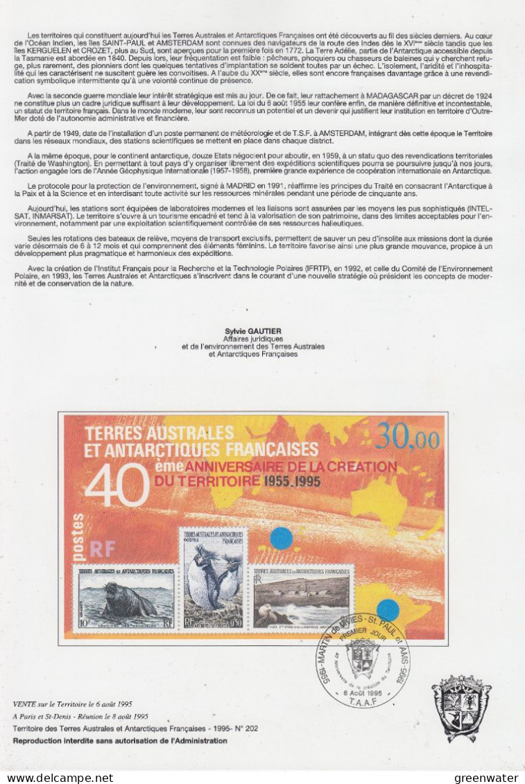 TAAF 1995 40ème Ann. De La Creation Du Territoire M/s MAP With FDC Ca Martin-de-Vivies 6.8.1995  (JK174) - Blocks & Sheetlets