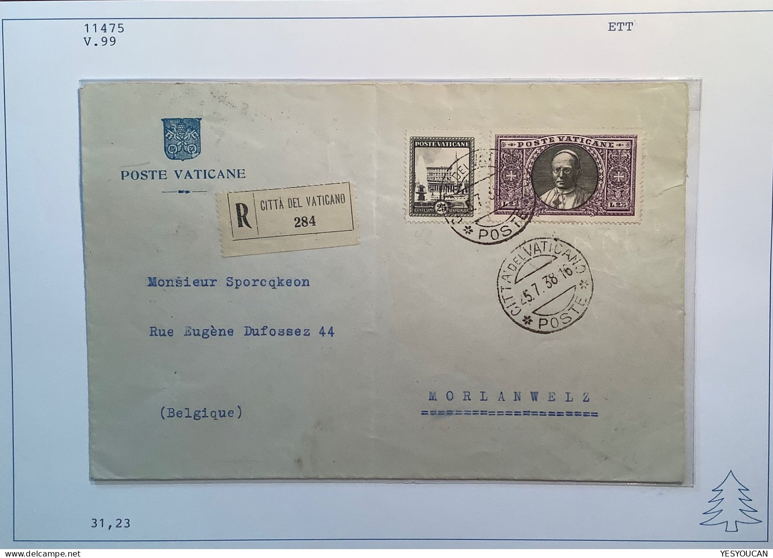 Sa.31, 23 1933 2,75L (Sa.380€) 1938 Lettera>Morlanwelz Belgique (Vatican Vaticano Cover Lettre Italy Italia - Brieven En Documenten