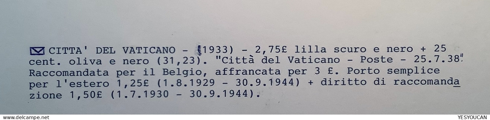Sa.31, 23 1933 2,75L (Sa.380€) 1938 Lettera>Morlanwelz Belgique (Vatican Vaticano Cover Lettre Italy Italia - Storia Postale
