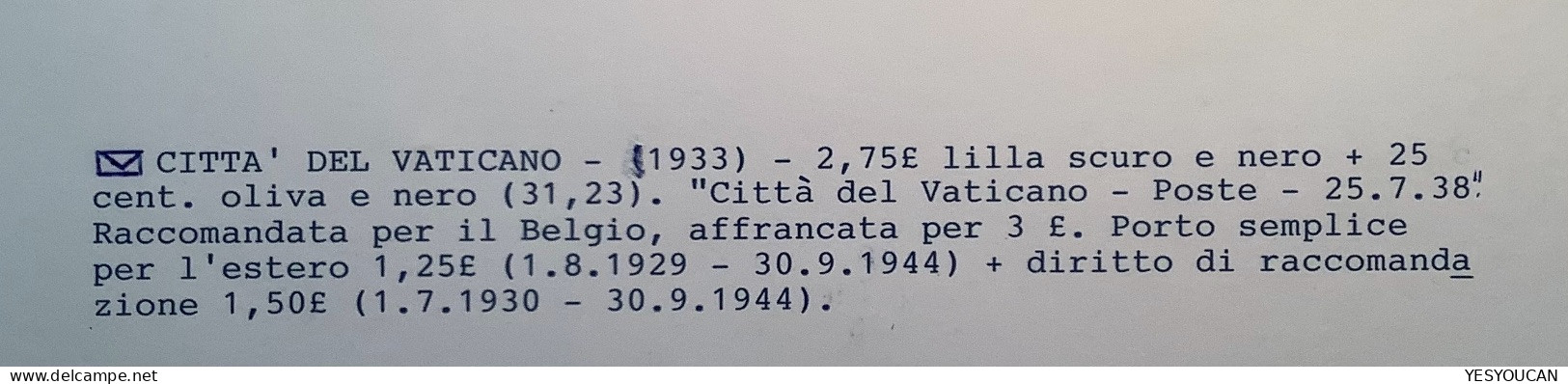 Sa.31, 23 1933 2,75L (Sa.380€) 1938 Lettera>Morlanwelz Belgique (Vatican Vaticano Cover Lettre Italy Italia - Brieven En Documenten