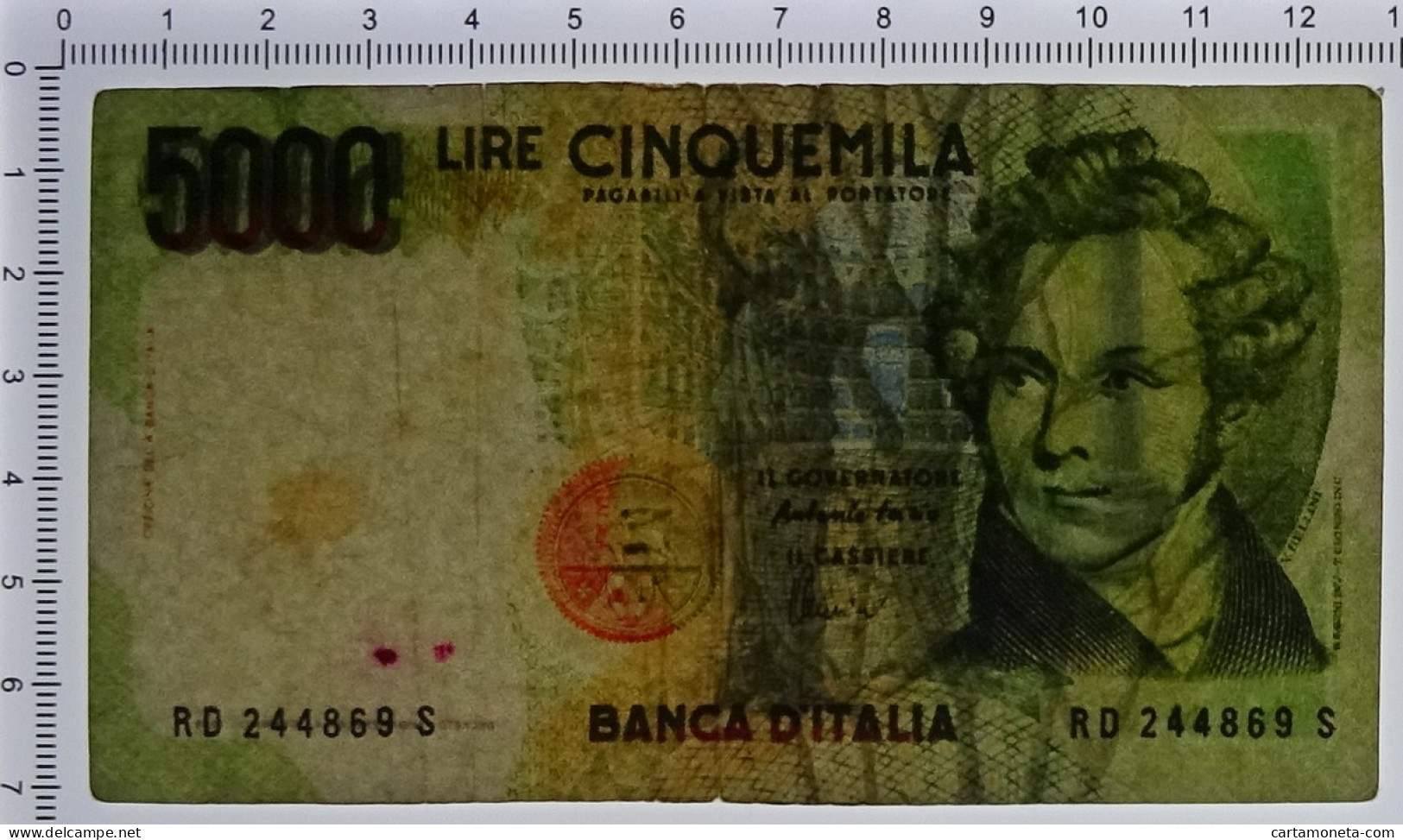 5000 LIRE FALSO D'EPOCA BANCA D'ITALIA VINCENZO BELLINI LETTERA D 26/11/1996 BB- - [ 8] Ficticios & Especimenes