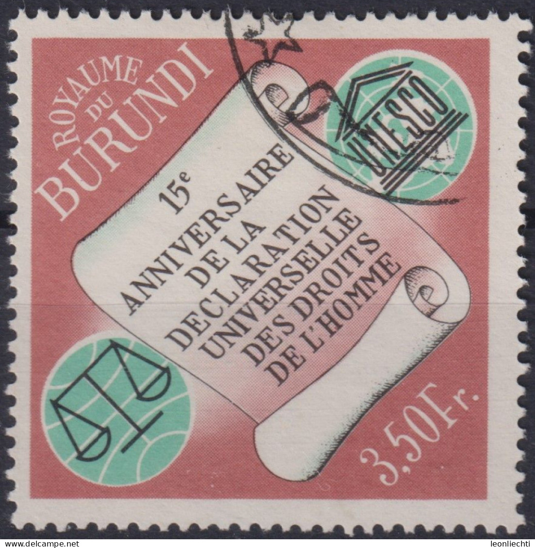 1963 Burundi, Mi:BI 76A, Sn:BI 64, Yt:BI 71,Schriftrolle, Waage Und UNESCO, Allgemeine Erklärung Der Menschenrechte - Used Stamps