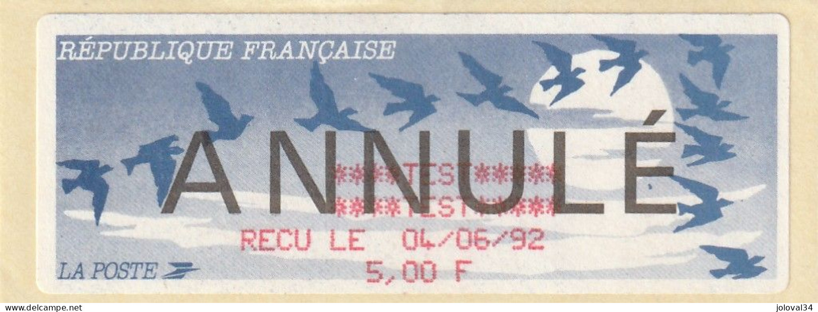 Vignette Oiseaux De Jubert - TEST Reçu Le 04/06/92 5,00 F - ANNULE - 1990 Type « Oiseaux De Jubert »