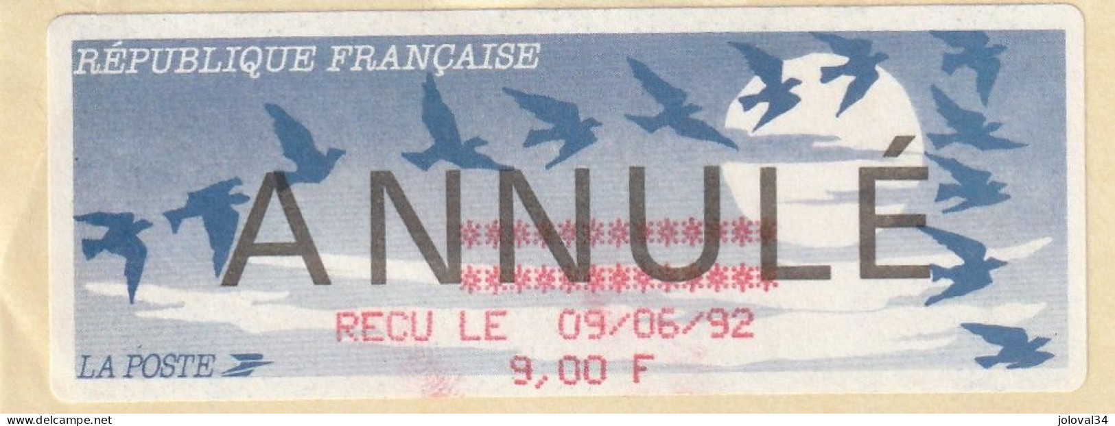 Vignette Oiseaux De Jubert - Reçu Le 09/06/92 9,00 F - ANNULE - 1990 Type « Oiseaux De Jubert »