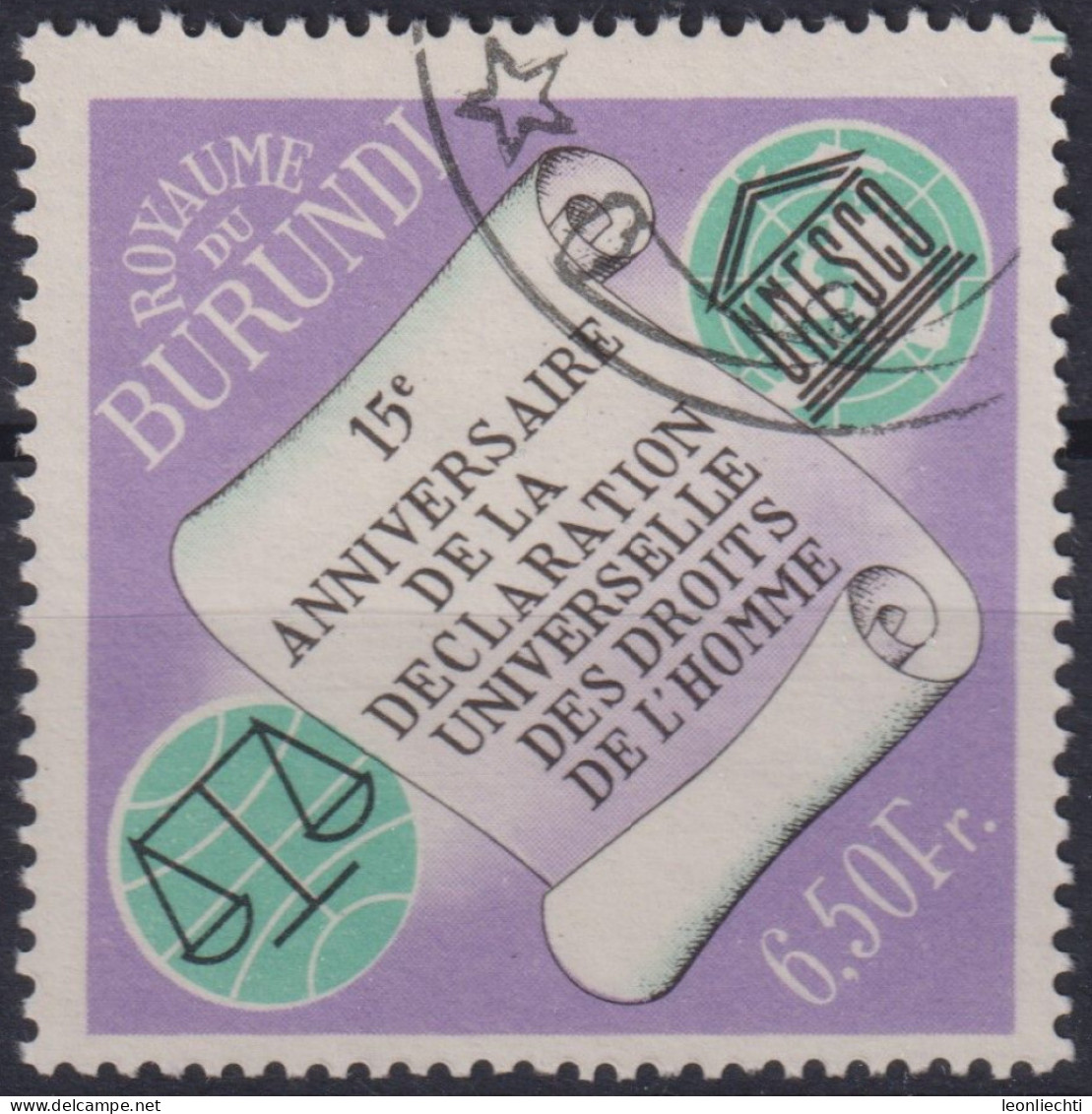 1963 Burundi, Mi:BI 77A, Sn:BI 65, Yt:BI 72,Schriftrolle, Waage Und UNESCO, Allgemeine Erklärung Der Menschenrechte - Used Stamps