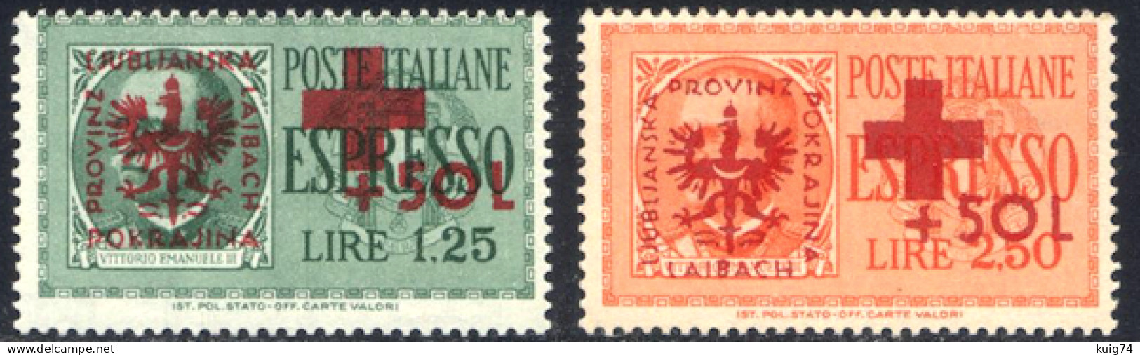 1944 PROVINZ LAIBACH ESPRESSI "PRO CROCE ROSSA" N.34-35 NUOVI** INTEGRI - "PRO RED CROSS"MNH LUXUS - Deutsche Bes.: Lubiana