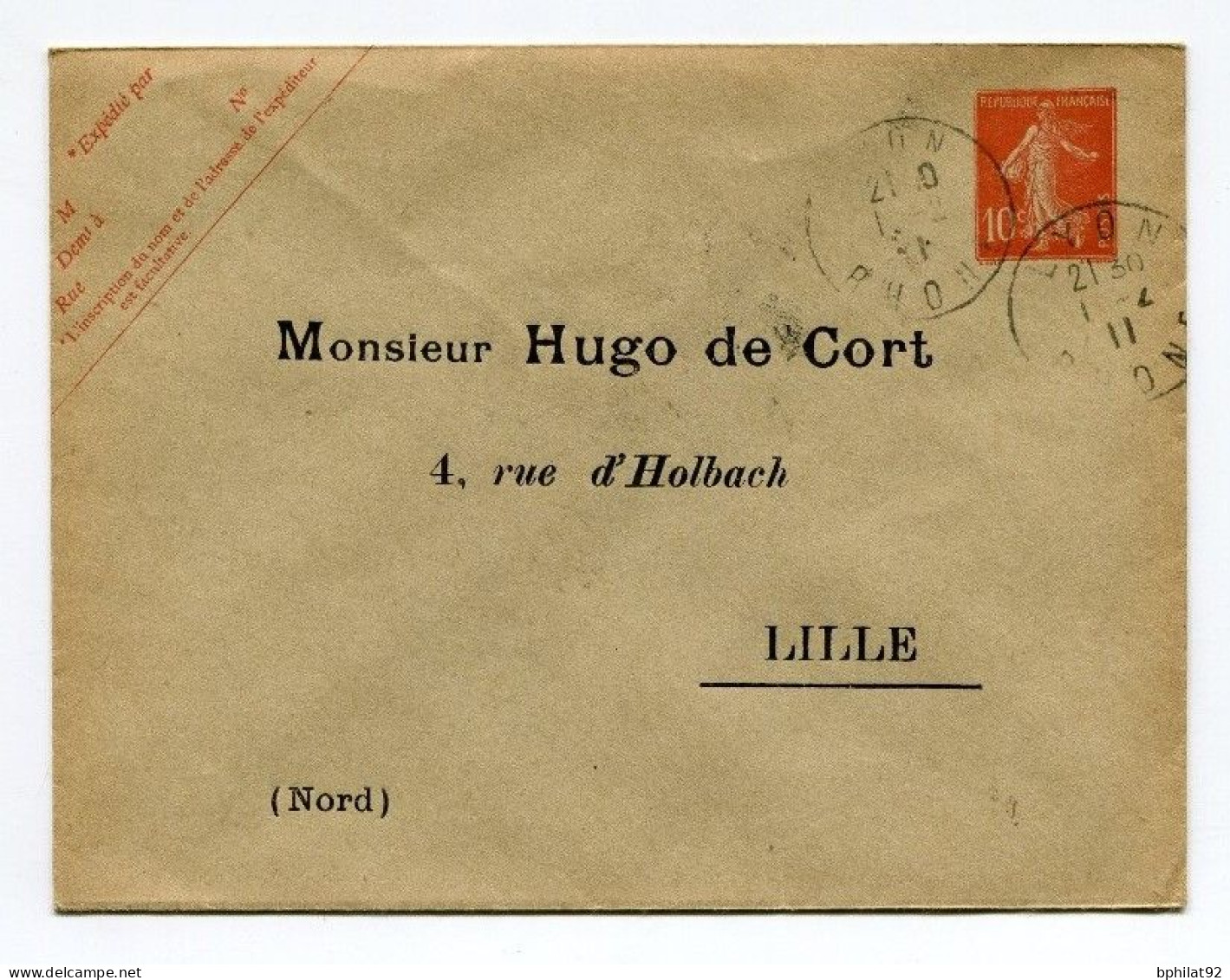 !!! ENTIER POSTAL 10C SEMEUSE AVEC REPIQUAGE HUGO DE CORT - Overprinted Covers (before 1995)