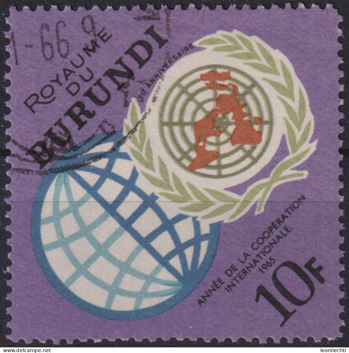 1965 Burundi Mi:BI 196A, Sn:BI 137, Yt:BI 164,Globe And UN Emblem, Jahr Der Internationalen Zusammenarbeit - Gebruikt