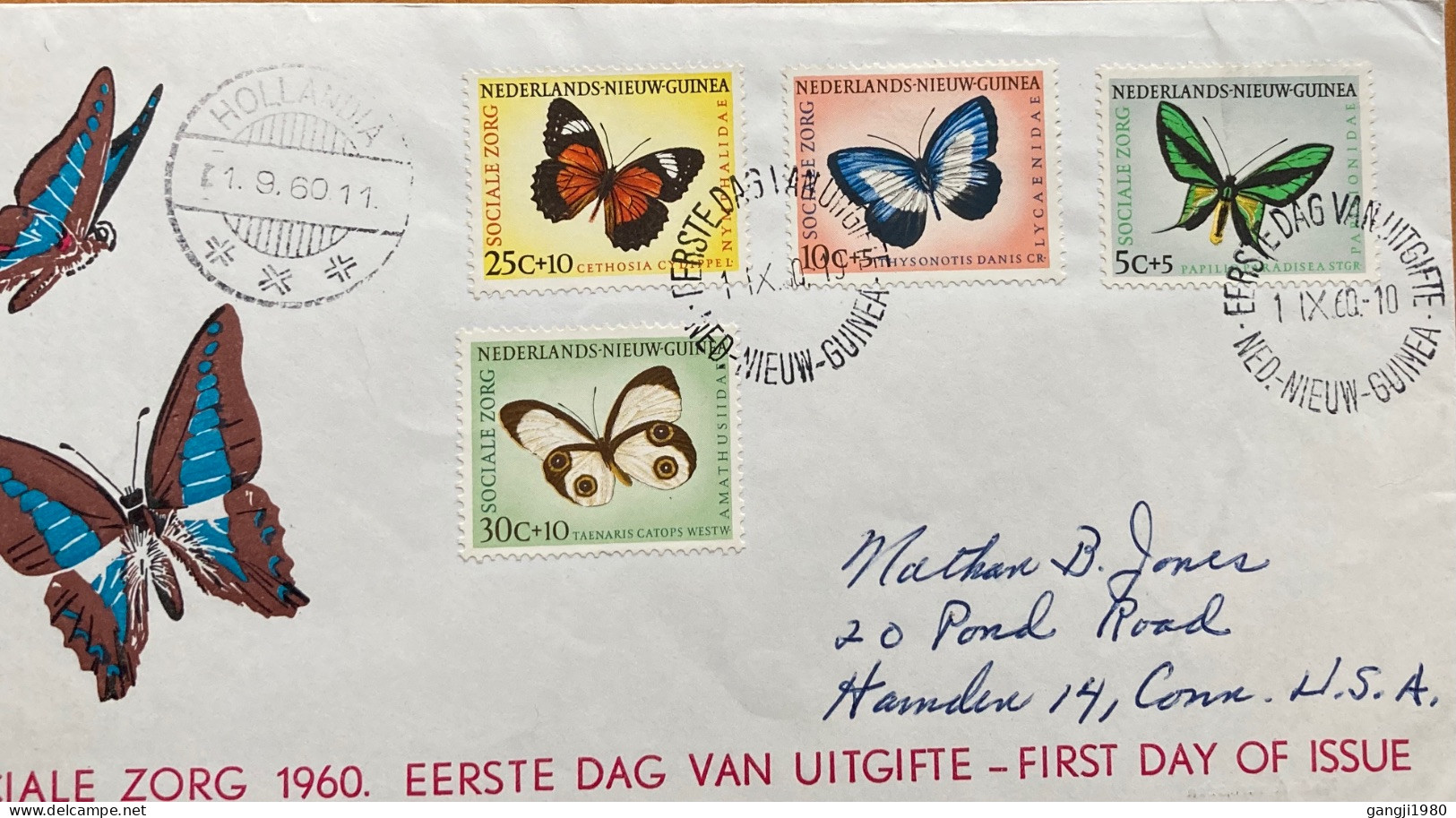 NEDERLAND NEW GUINEA 1960, FDC COVER, USED TO USA, ILLUSTRATE, 4 DIFFERENT  BUTTERFLIES, HOLLANDIA CITY CANCEL. - Nuova Guinea Olandese