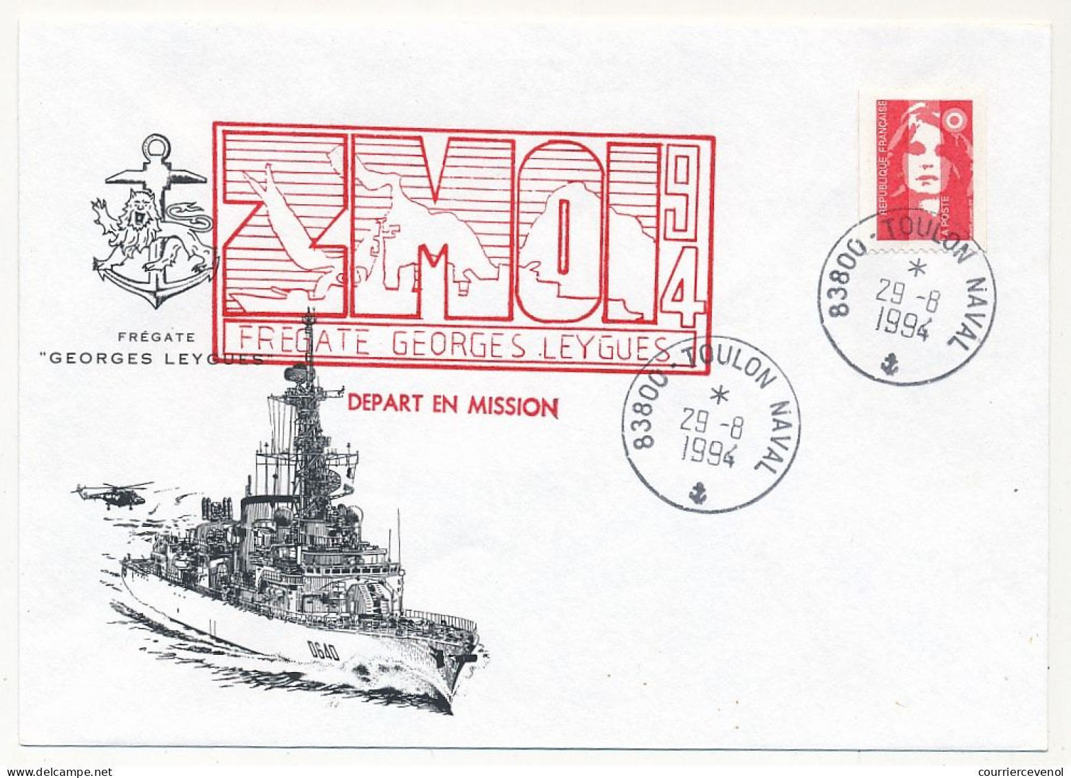 FRANCE - Env. Illustrée Affr Briat Cad 83800 Toulon Naval 29/8/1994 + ZMOI 94 Frégate Georges Leygues - Naval Post