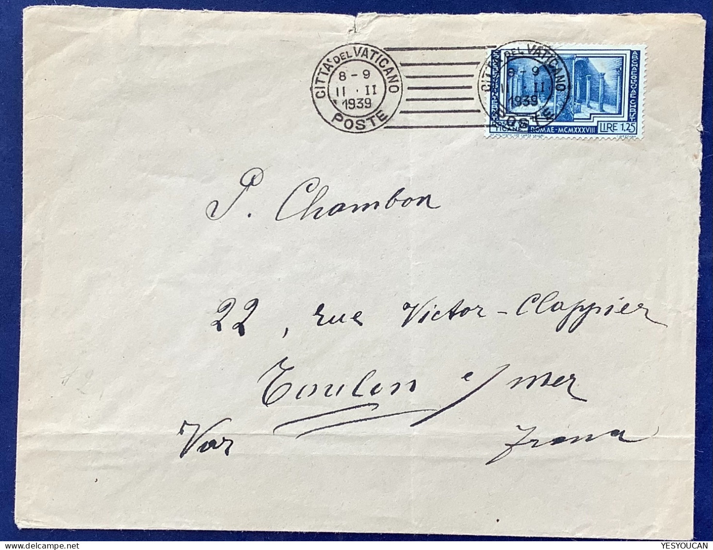 Sa.60 1938 1,25 CONGRESSO DI ARCHEOLOGIA CRISTIANA Lettera>Toulon France (Vatican Vaticano Cover Archeology Archéologie - Storia Postale