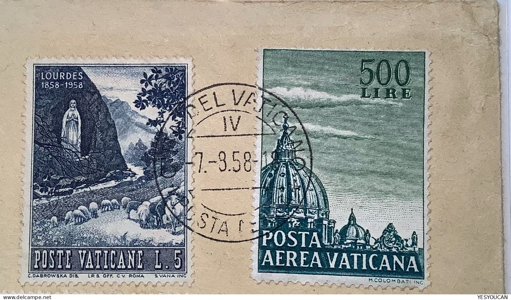 Via Aerea Sa.33 500L+233-238 CENTENARIO VERGINE LOURDES 1958 Lettera>USA (Vatican Vaticano Cover Bernadette Miracle - Aéreo