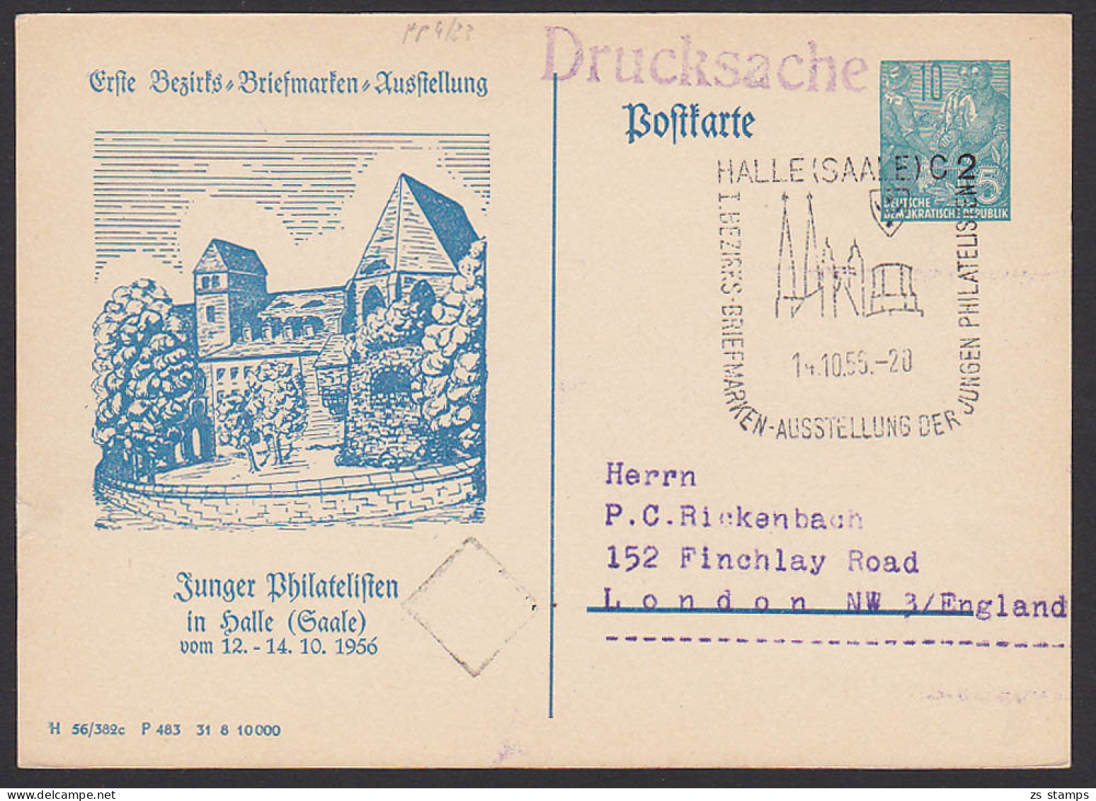 Halle "Erste Bezirks-Briefmarken-Ausstellung Junger Philatelisten" 1956 Burg Giebigenstein, DDR  PP4/22, Auslands-Ds - Privé Postkaarten - Gebruikt